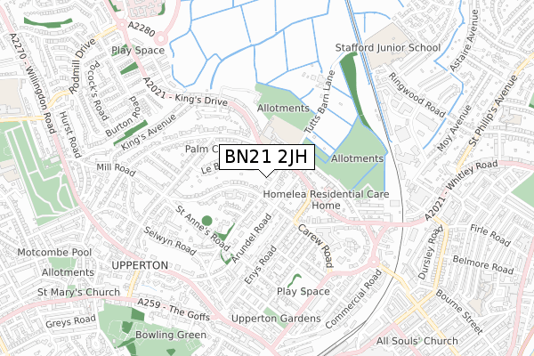 BN21 2JH map - small scale - OS Open Zoomstack (Ordnance Survey)