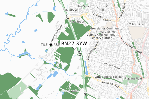 BN27 3YW map - small scale - OS Open Zoomstack (Ordnance Survey)