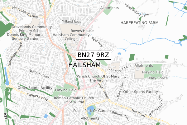 BN27 9RZ map - small scale - OS Open Zoomstack (Ordnance Survey)