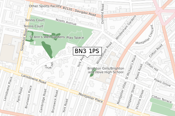 BN3 1PS map - large scale - OS Open Zoomstack (Ordnance Survey)