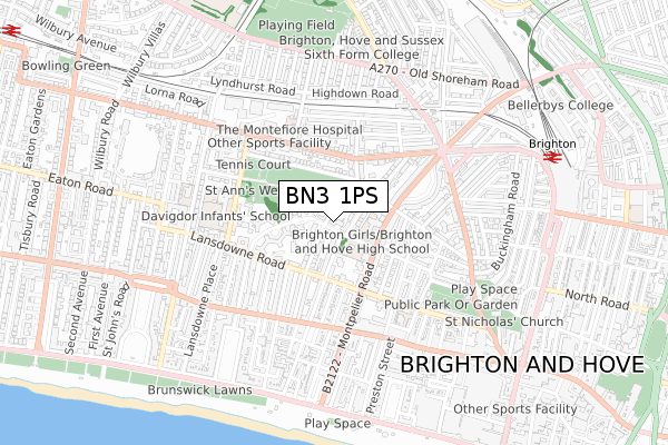 BN3 1PS map - small scale - OS Open Zoomstack (Ordnance Survey)