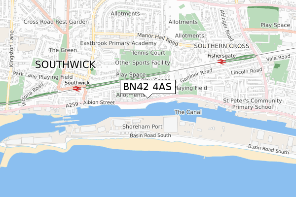 BN42 4AS map - small scale - OS Open Zoomstack (Ordnance Survey)