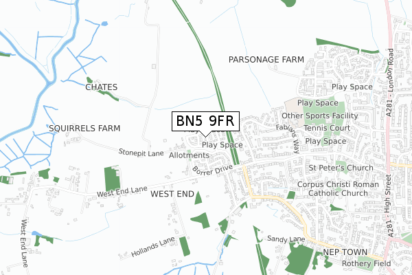 BN5 9FR map - small scale - OS Open Zoomstack (Ordnance Survey)