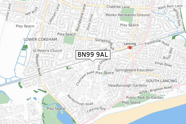 BN99 9AL map - small scale - OS Open Zoomstack (Ordnance Survey)
