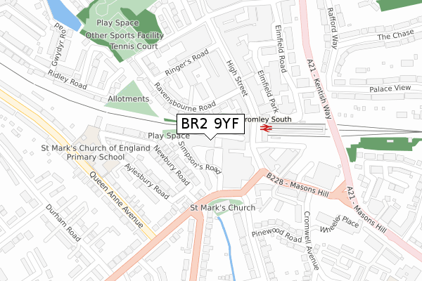 BR2 9YF map - large scale - OS Open Zoomstack (Ordnance Survey)