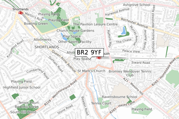 BR2 9YF map - small scale - OS Open Zoomstack (Ordnance Survey)