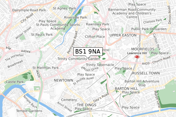 BS1 9NA map - small scale - OS Open Zoomstack (Ordnance Survey)