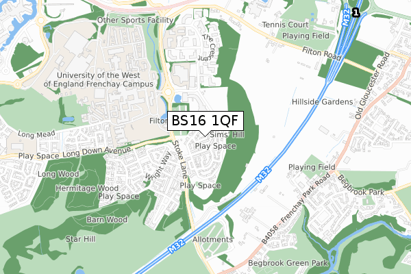 BS16 1QF map - small scale - OS Open Zoomstack (Ordnance Survey)