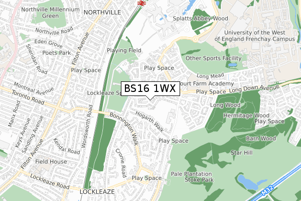 BS16 1WX map - small scale - OS Open Zoomstack (Ordnance Survey)