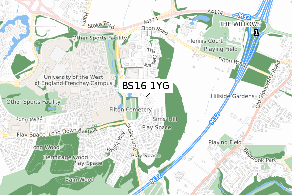 BS16 1YG map - small scale - OS Open Zoomstack (Ordnance Survey)