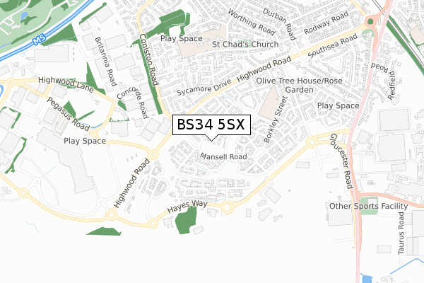 BS34 5SX map - small scale - OS Open Zoomstack (Ordnance Survey)