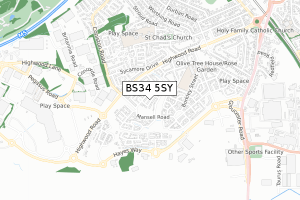 BS34 5SY map - small scale - OS Open Zoomstack (Ordnance Survey) BS34 5SY map - small scale - OS Open Zoomstack (Ordnance Survey)