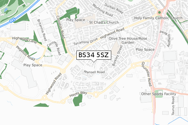 BS34 5SZ map - small scale - OS Open Zoomstack (Ordnance Survey) BS34 5SZ map - small scale - OS Open Zoomstack (Ordnance Survey)