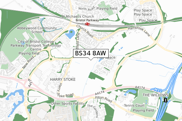 BS34 8AW map - small scale - OS Open Zoomstack (Ordnance Survey)
