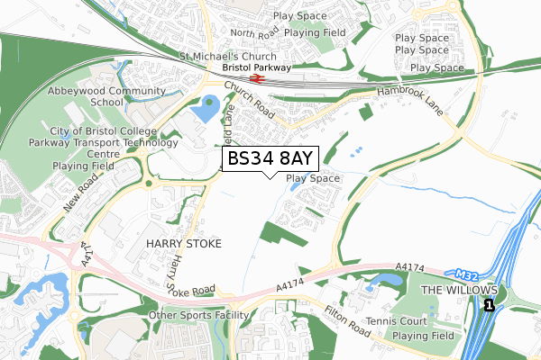 BS34 8AY map - small scale - OS Open Zoomstack (Ordnance Survey)