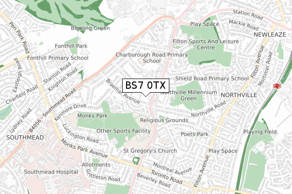 BS7 0TX map - small scale - OS Open Zoomstack (Ordnance Survey)