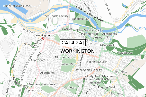 CA14 2AJ map - small scale - OS Open Zoomstack (Ordnance Survey)
