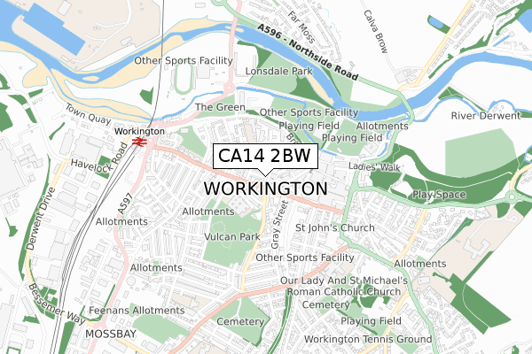 CA14 2BW map - small scale - OS Open Zoomstack (Ordnance Survey)