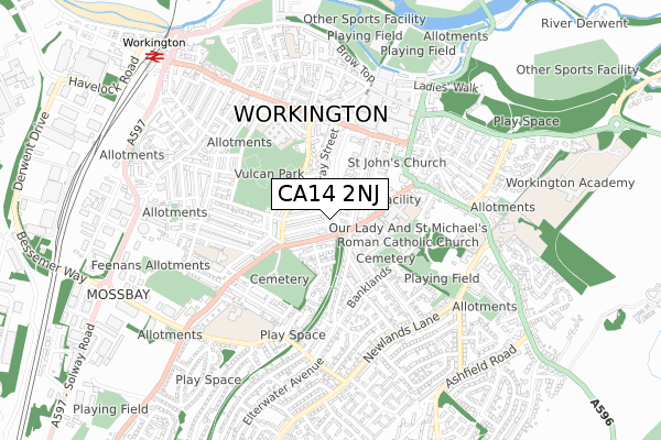 CA14 2NJ map - small scale - OS Open Zoomstack (Ordnance Survey)