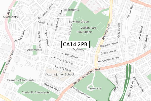 CA14 2PB map - large scale - OS Open Zoomstack (Ordnance Survey)