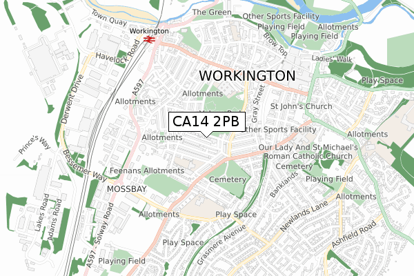 CA14 2PB map - small scale - OS Open Zoomstack (Ordnance Survey)