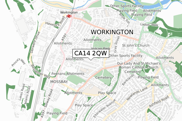 CA14 2QW map - small scale - OS Open Zoomstack (Ordnance Survey)