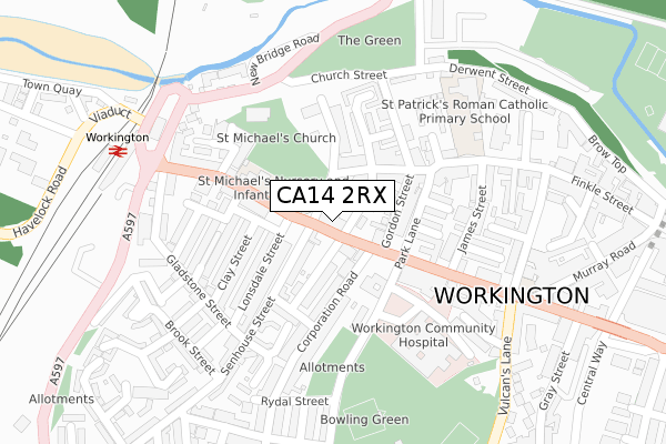 CA14 2RX map - large scale - OS Open Zoomstack (Ordnance Survey)