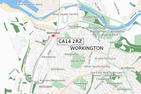 CA14 2RZ map - small scale - OS Open Zoomstack (Ordnance Survey)