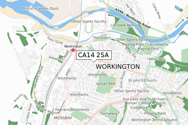 CA14 2SA map - small scale - OS Open Zoomstack (Ordnance Survey)