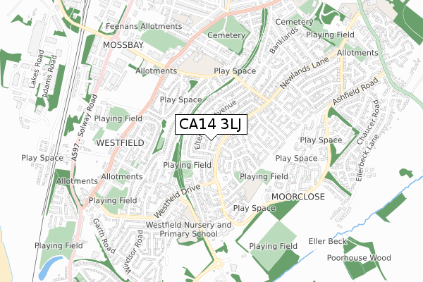 CA14 3LJ map - small scale - OS Open Zoomstack (Ordnance Survey)