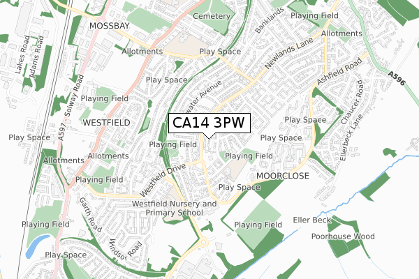 CA14 3PW map - small scale - OS Open Zoomstack (Ordnance Survey)