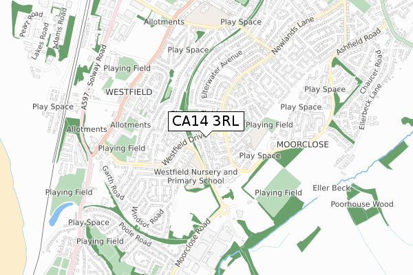 CA14 3RL map - small scale - OS Open Zoomstack (Ordnance Survey)