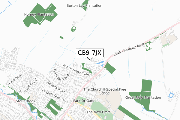CB9 7JX map - small scale - OS Open Zoomstack (Ordnance Survey)