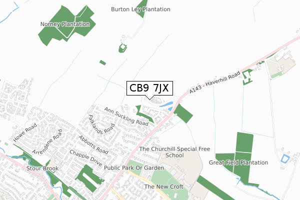 CB9 7JX map - small scale - OS Open Zoomstack (Ordnance Survey) CB9 7JX map - small scale - OS Open Zoomstack (Ordnance Survey)