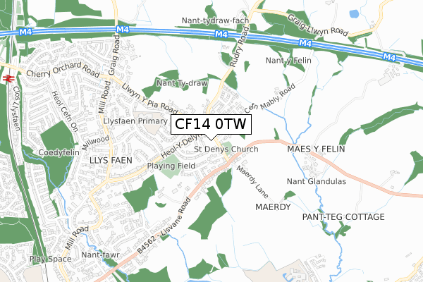 CF14 0TW map - small scale - OS Open Zoomstack (Ordnance Survey)