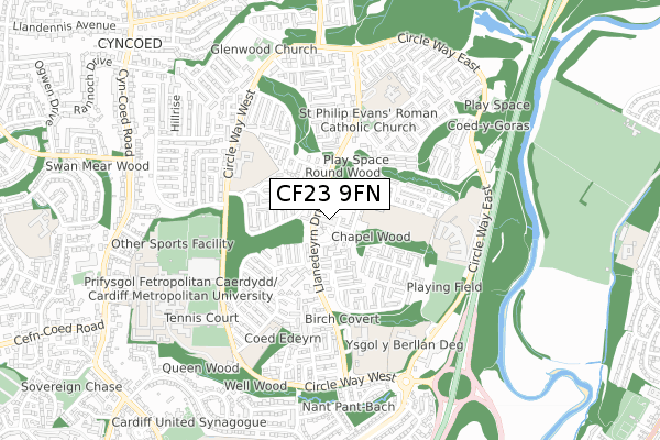 CF23 9FN map - small scale - OS Open Zoomstack (Ordnance Survey)