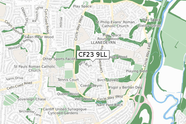 CF23 9LL map - small scale - OS Open Zoomstack (Ordnance Survey)