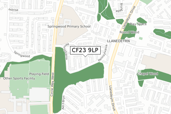 CF23 9LP map - large scale - OS Open Zoomstack (Ordnance Survey)