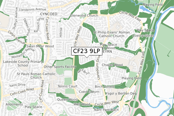 CF23 9LP map - small scale - OS Open Zoomstack (Ordnance Survey)