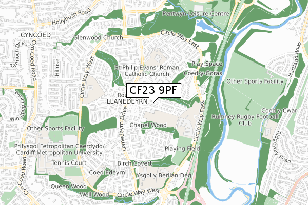 CF23 9PF map - small scale - OS Open Zoomstack (Ordnance Survey)