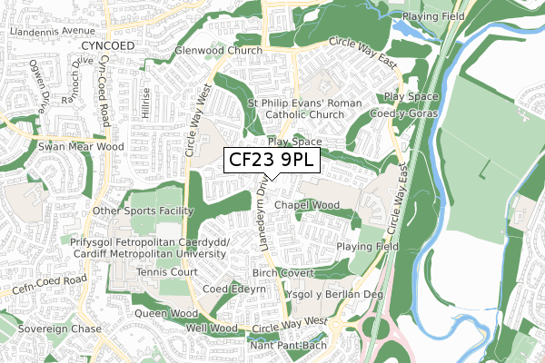 CF23 9PL map - small scale - OS Open Zoomstack (Ordnance Survey)