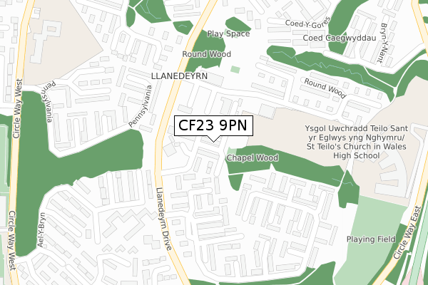 CF23 9PN map - large scale - OS Open Zoomstack (Ordnance Survey)