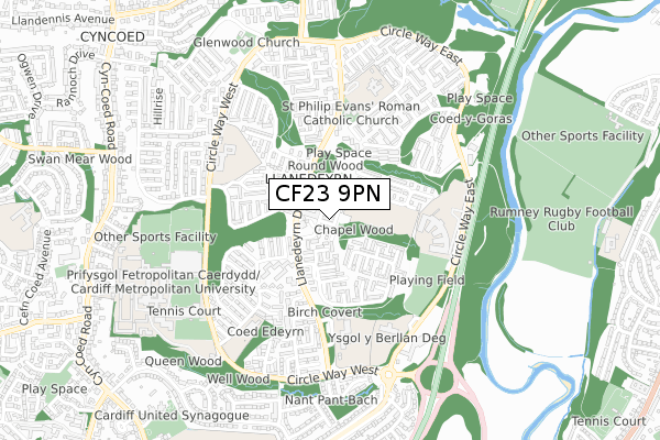 CF23 9PN map - small scale - OS Open Zoomstack (Ordnance Survey)