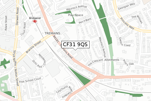 CF31 9QS map - large scale - OS Open Zoomstack (Ordnance Survey)