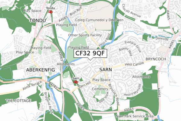 CF32 9QF map - small scale - OS Open Zoomstack (Ordnance Survey)