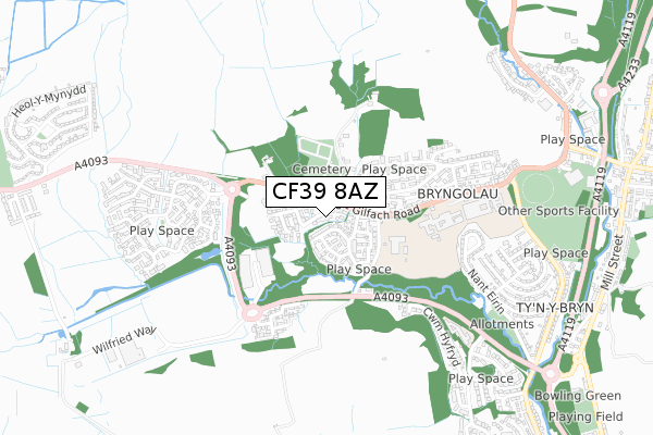 CF39 8AZ map - small scale - OS Open Zoomstack (Ordnance Survey)