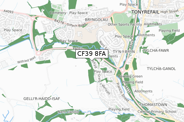 CF39 8FA map - small scale - OS Open Zoomstack (Ordnance Survey)