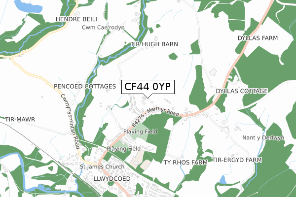 CF44 0YP map - small scale - OS Open Zoomstack (Ordnance Survey)