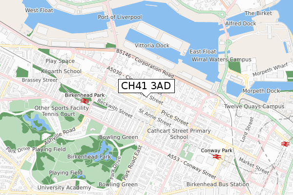 CH41 3AD map - small scale - OS Open Zoomstack (Ordnance Survey)