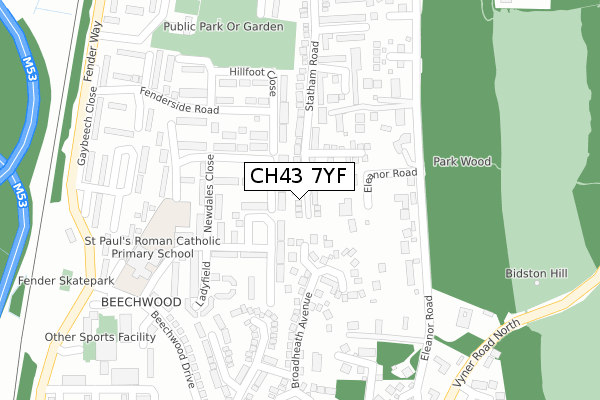 CH43 7YF map - large scale - OS Open Zoomstack (Ordnance Survey)